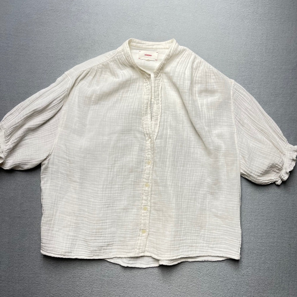 Xirena White Double Gauze Cotton Cropped Button Front Blouse Size S USA